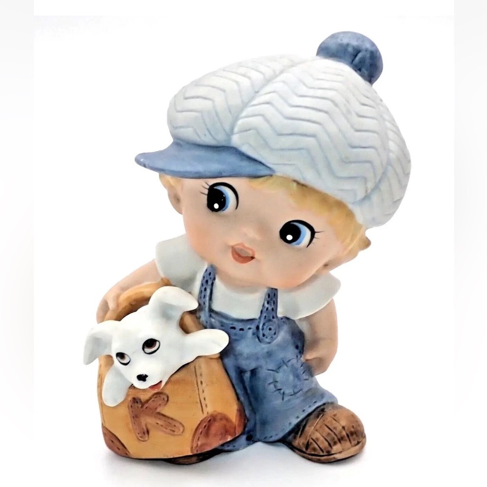 Vintage Homco Porcelain Ceramic Figurine Little Boy With Dog Puppy “K” Bag 1439
